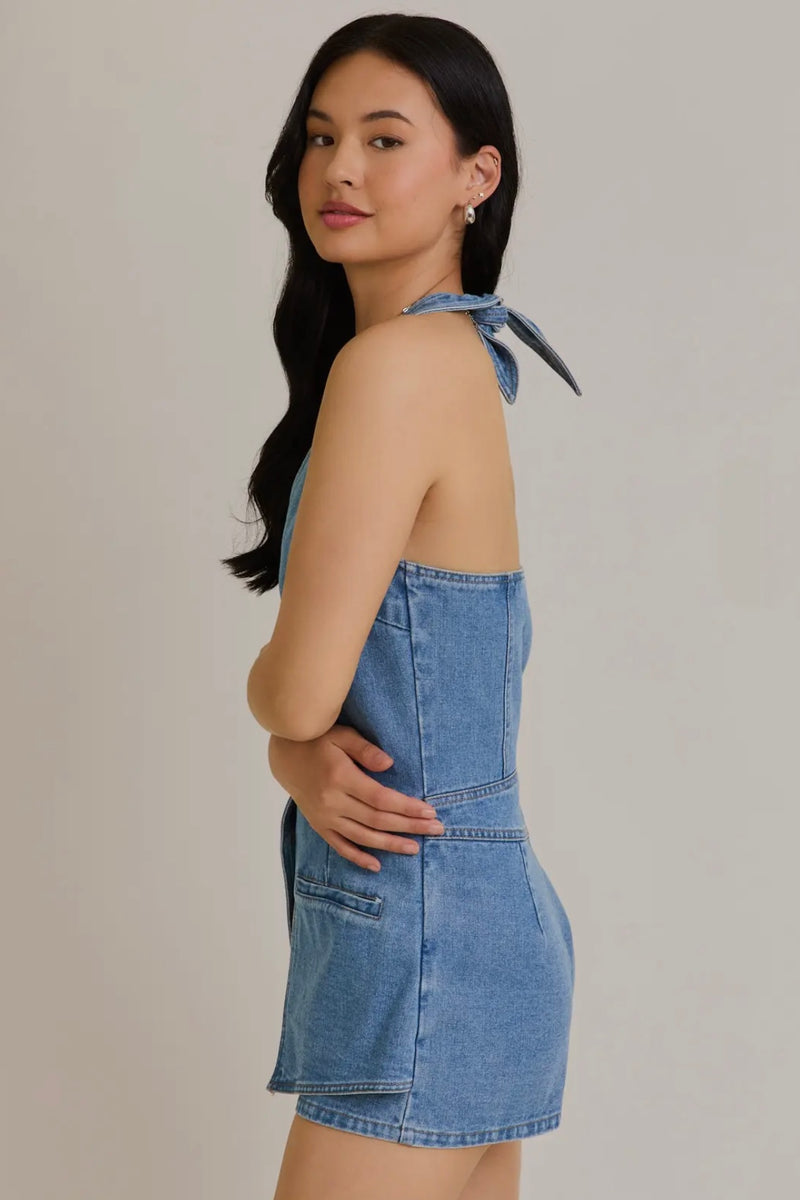 Denim Vest-Style Romper with Micro Shorts